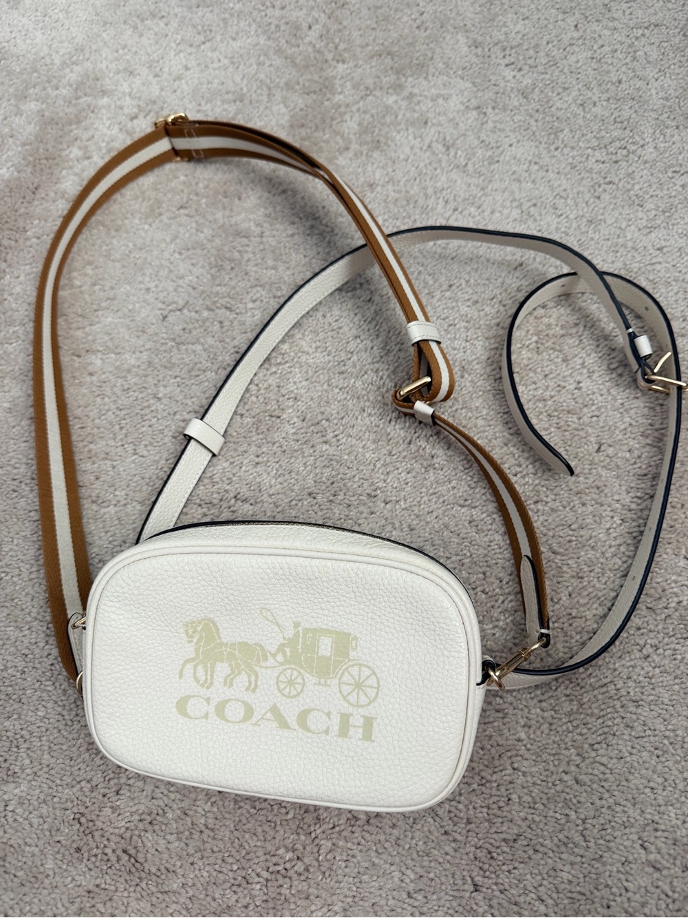 Coach White Pebbled Leather Camera Crossbody with Tan-Striped Strap